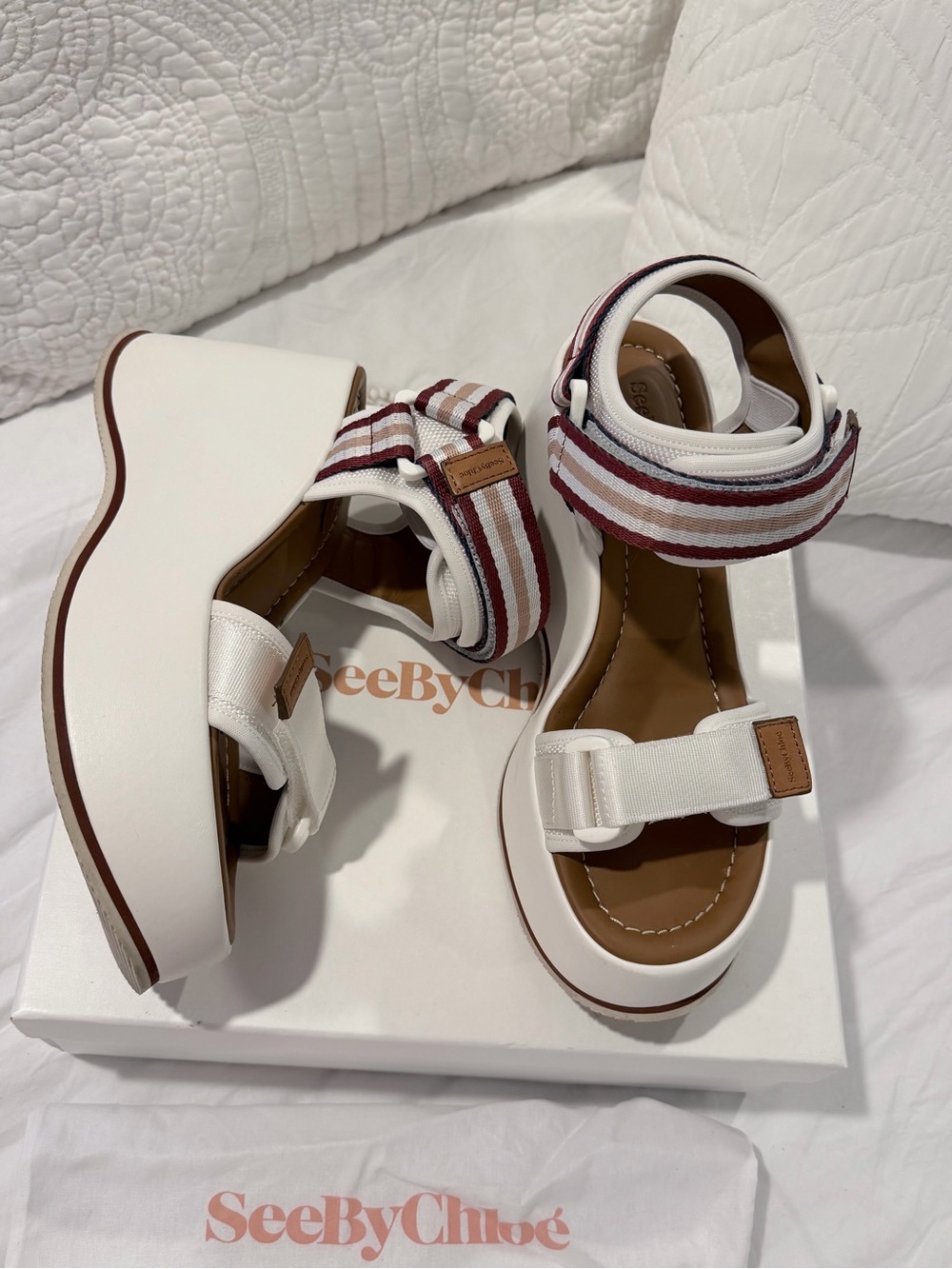 SEE BY CHLOE White Yumi Ribbon Straps Chunky Platform Wedge Sandals